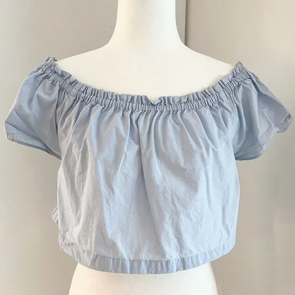 Aritzia Wilfred | Cropped Off Shoulder Cotton Blouse | Small | Blue - Picture 3 of 9